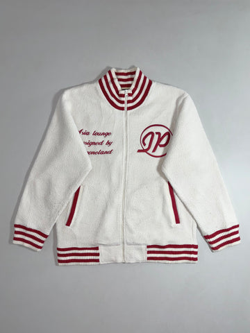 I.P. Zone Outfitters "Asia Lounge" Sherpa Fleece Varsity Zip Jacket – Cream/Red (L)