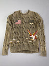 Polo Ralph Lauren Military Eagle & Flag Embroidered Cable Knit Sweater – Washed Olive imbroeider (S/M)