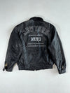 Vintage 90s Gap Black Leather Bomber Jacket – “American Style New York” Embroidery, Map Print Lining (XL)