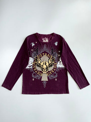 Big Train Osaka Japanese Samurai Skull Wings Kanji Foil All-Over Print Burgundy Plum Cotton Long Sleeve T-Shirt (L)