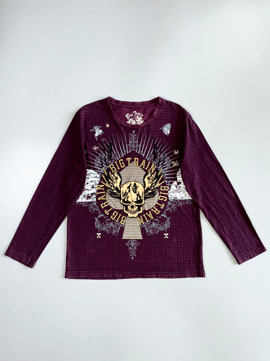 Big Train Osaka Japanese Samurai Skull Wings Kanji Foil All-Over Print Burgundy Plum Cotton Long Sleeve T-Shirt (L)