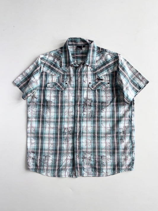 Karv Teal Plaid Western Pearl Snap Shirt with Eagle Print (M)