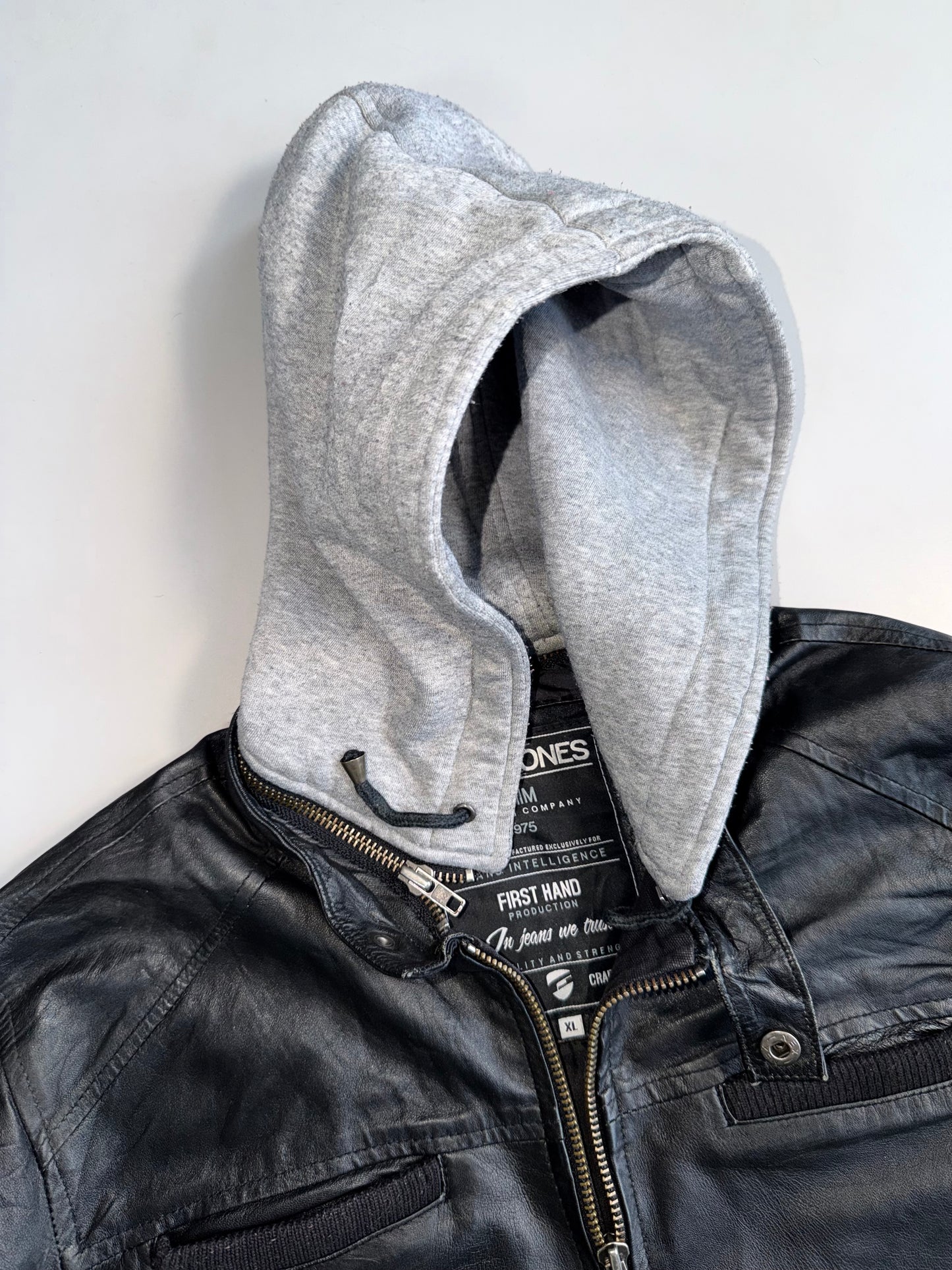 ZJack & Jones Core Genuine Leather Jacket | Detachable Grey Hood (XL)