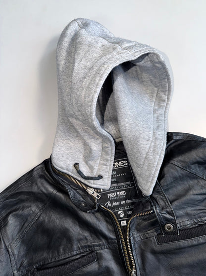 ZJack & Jones Core Genuine Leather Jacket | Detachable Grey Hood (XL)