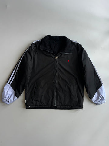 Reversible Jacket | Nylon Windbreaker & Fleece | Black with White Stripe Sleeves | Inspired Piece (S/M)