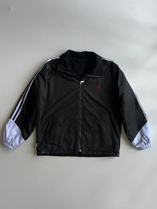 Reversible Jacket | Nylon Windbreaker & Fleece | Black with White Stripe Sleeves | Inspired Piece (S/M)