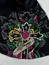 Y2K Ed Hardy Black Rhinestone Tattoo Flare Mini Skirt (L:17) (W :26)