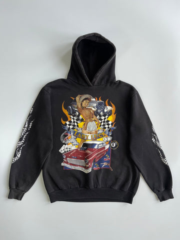 Akama “Lady Luck” Vintage Graphic Hoodie | Biker Pin-Up Rockabilly Print (L)