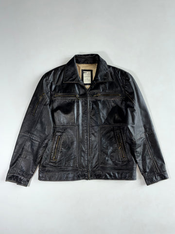 Tom Tailor 1962 Distressed Black Leather Multi-Zip Trucker Jacket, (XL/2XL)