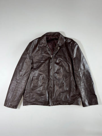 Vintage Dark Brown Genuine Leather Zip Jacket – Classic Collar (L)