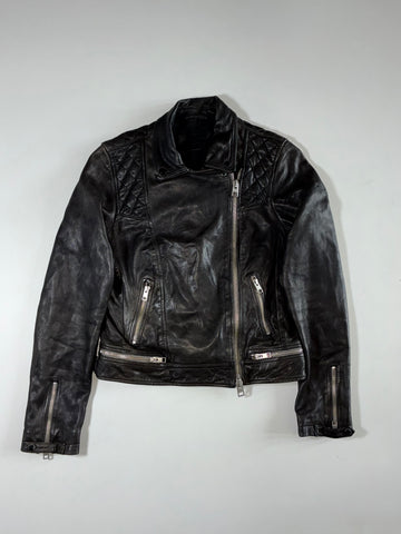 Black Leather-Look Biker Jacket with Quilted Shoulders & Asymmetric Zip (XS)