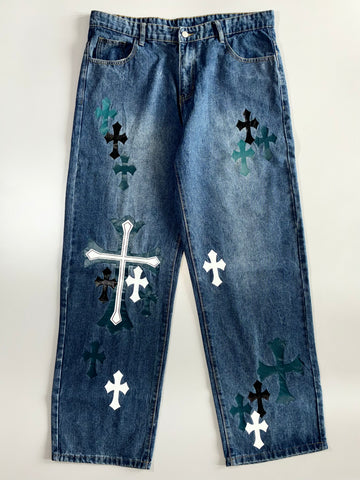 Cross Print Denim Jeans (W:38 |L:45)