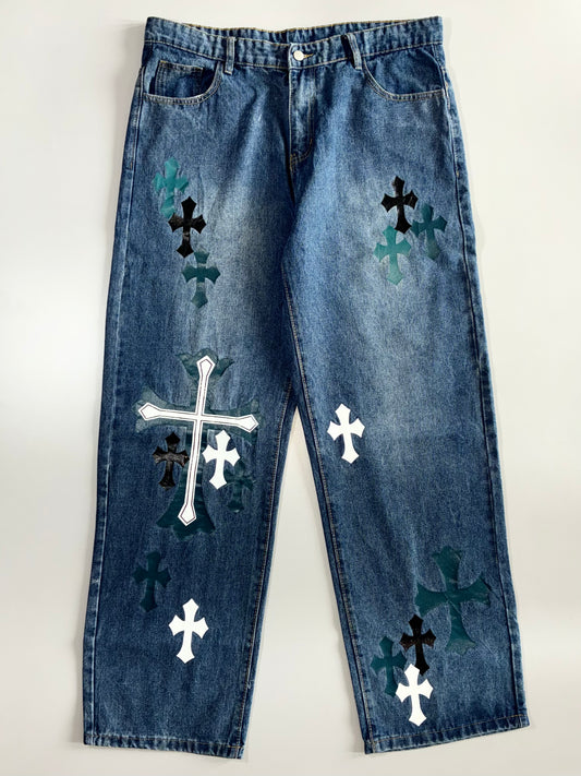 Cross Print Denim Jeans (W:38 |L:45)