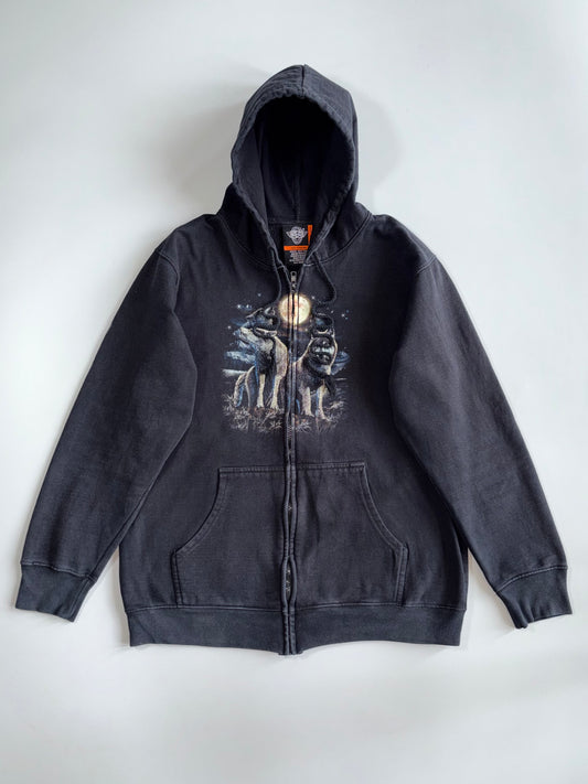 Vintage Rock Eagle Wolves Howling Moon All-Over Print Washed Black Zip-Up Hoodie (M)