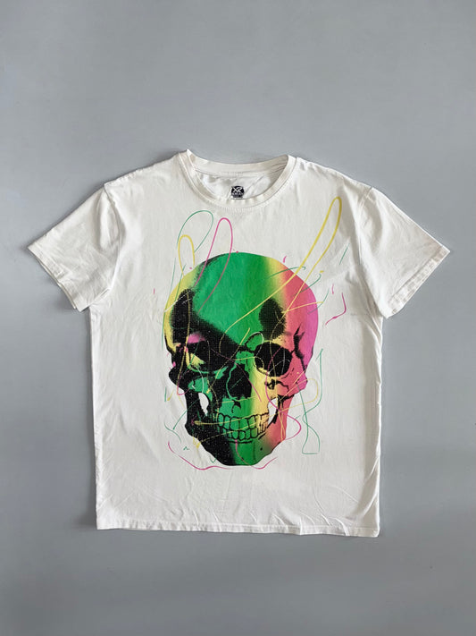 XRAY | Neon Skull Graphic Tee | White with front fully embroidered rhains stone  (L)