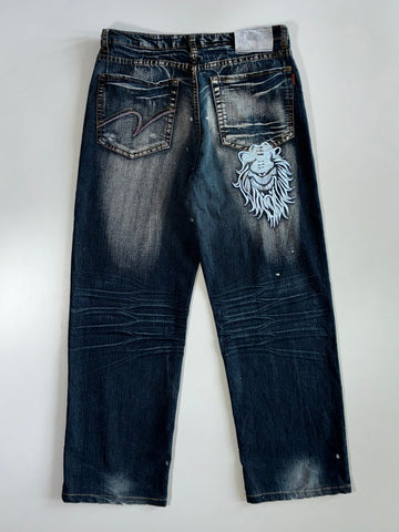 Vintage Distressed Dark Wash Baggy Jeans (W:30 |L:39)