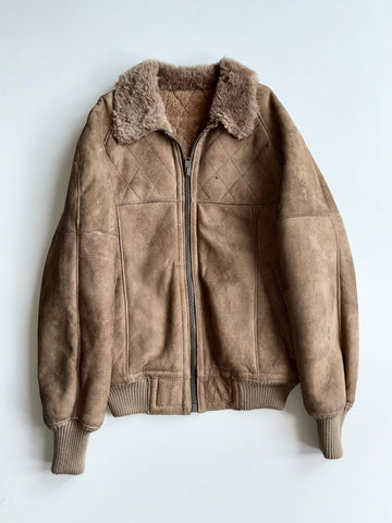 Vintage Brown Sheepskin Shearling Aviator Bomber Jacket (S)