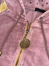 Y2K Acid Wash Velour Zip Hoodie – Dusty Pink/Gold (S)