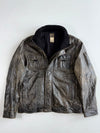 Vintage Lapel Men Distressed Leather Jacket with Ribbed Knit Collar (Xl)