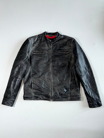 Open Space Distressed Black Leather Cafe Racer Jacket (XL)