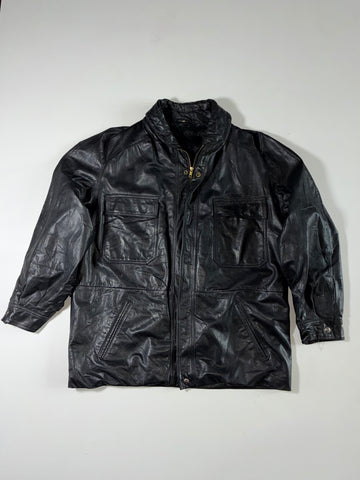 Black Leather-Look Utility Jacket with Stand Collar & Four-Pocket Design (2XL)
