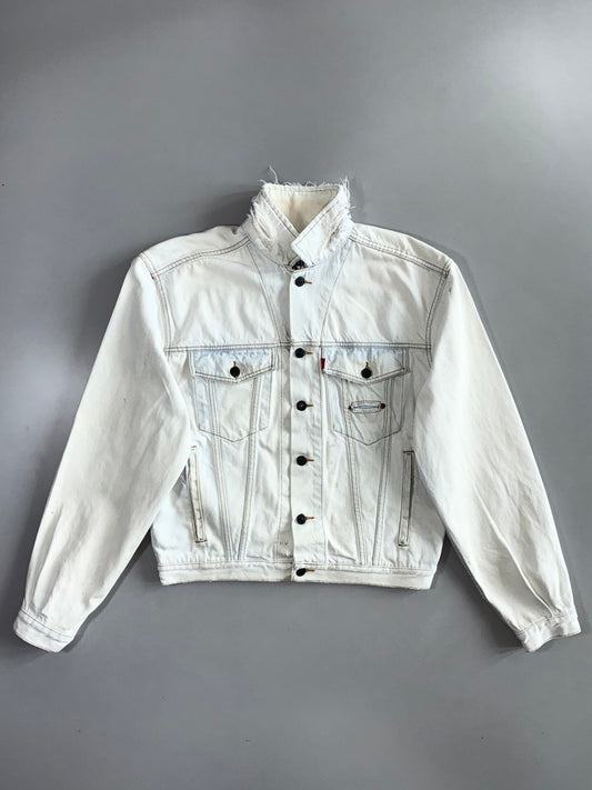 Vintage Levi’s White Denim Trucker Jacket with Destroyed Raw Frayed Collar (M/L)