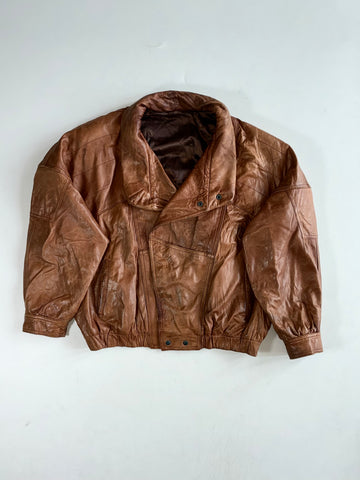 Vintage Tan Brown Leather Oversized Bomber Jacket (2XL)