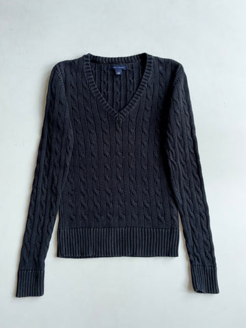 Tommy Hilfiger Black Cable Knit V-Neck Sweater (XS)