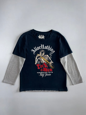 Big Train “All or Nothing” Skeleton Graphic Double-Sleeve Tee Black/ Grey Front fully embroidered (X/L)