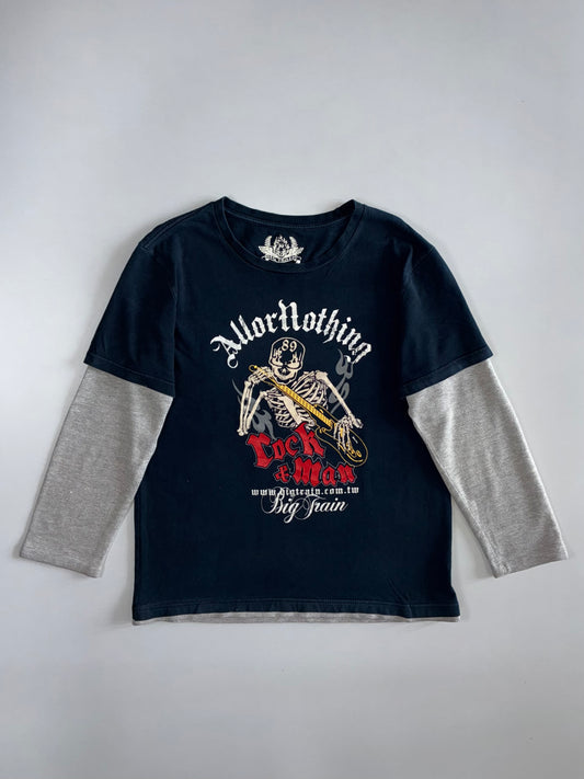 Big Train “All or Nothing” Skeleton Graphic Double-Sleeve Tee Black/ Grey Front fully embroidered (X/L)
