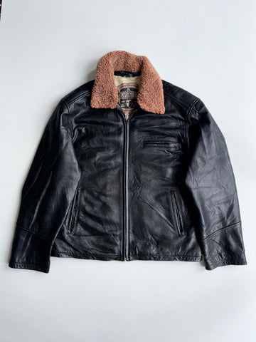 Aviators | Shearling Collar Leather Jacket Black Tan Detachable couler (Xl/2Xl)