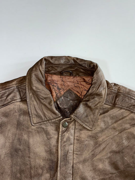 Vintage m Brown Leather Bomber Jacket with Western Frontier Map Lining Jacket (XL)