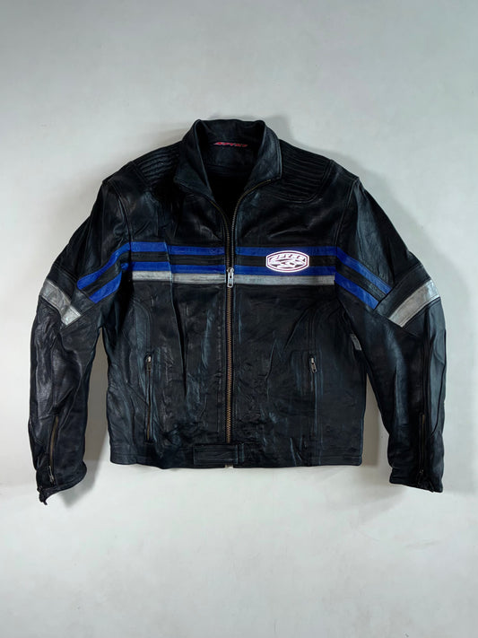Spyke Black Leather Motorcycle Racing Jacket – Blue & Grey Stripes – Reflective Logo Padded (L)