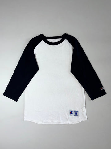 Champion Authentic Baseball Raglan Tee – White/Black, 3/4 Sleeve (M)