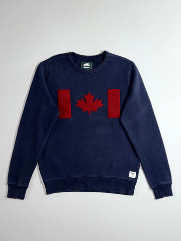 Roots Canada Navy Chenille Maple Leaf Flag Crewneck Sweatshirt (M)