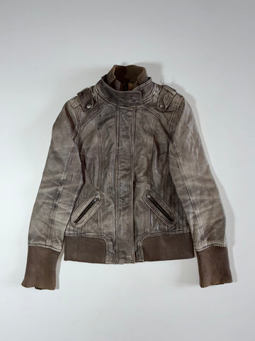 Review  Leather Moto Jacket – Grey/Taupe (XS)