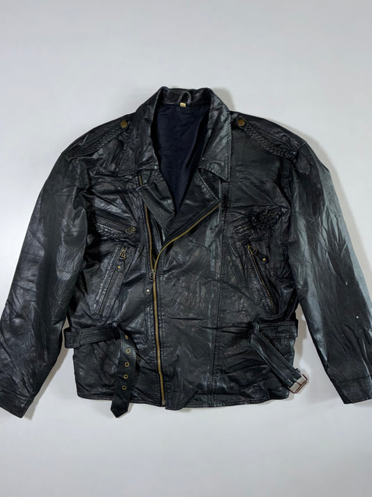Avanti Black Leather Belted Biker Jacket (L/Xl)