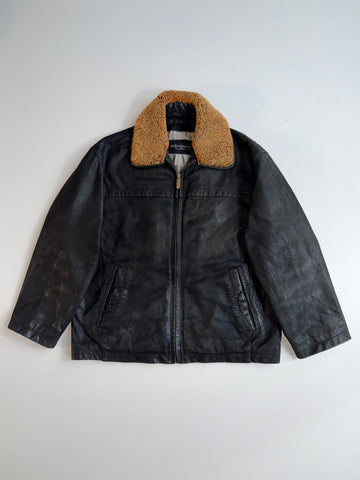 Vintage Yves Saint Laurent Pour Homme Black Leather Shearling Collar Jacket (L/XL)