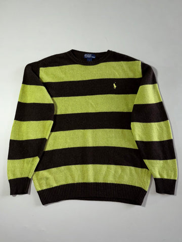 Vintage Polo by Ralph Lauren Brown & Lime Rugby Stripe Wool Sweater (XL)