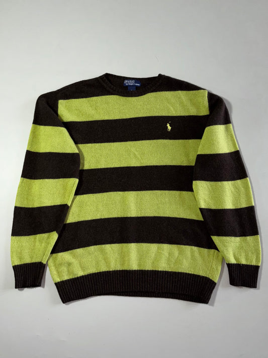 Vintage Polo by Ralph Lauren Brown & Lime Rugby Stripe Wool Sweater (XL)