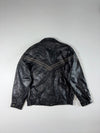 Black Leather-Look Bomber Jacket with Geometric Contrast Stripes & Snap Front (L)
