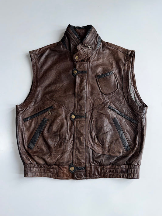 Vintage Brown Leather Vest with Zip Collar (Multi-Pocket) (XL)