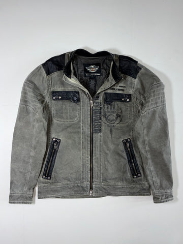 Harley-Davidson Grey Zip-Up Biker Jacket with Black Contrast Panels (M)