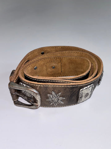 Vintage Bavarian Trachten Genuine Leather Belt with Silver Edelweiss & Concho Hardware (W-34 To 38)