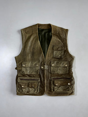 Vintage Olive Green Pure Leather Multi-Pocket Cargo Vest Utility (M/L)