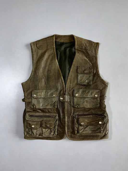 Vintage Olive Green Pure Leather Multi-Pocket Cargo Vest Utility (M/L)