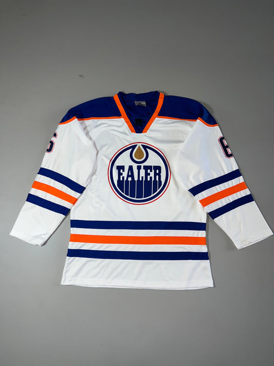 Edmonton Oilers Vintage Hockey Jersey — White | Blue & Orange Stripe (M/L)