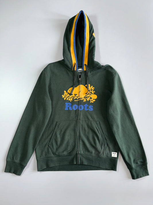 Roots Canada Beaver Logo Full-Zip Hoodie – Forest Green with Gold & Blue Hood (M)