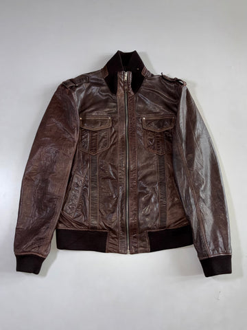 Gipsy Germany Brown Leather Ribbed-Collar Bomber Jacket (L/M)