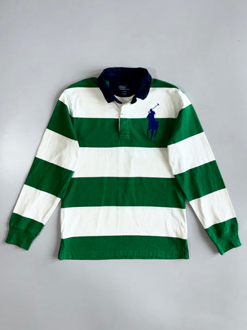 Vintage Polo Ralph Lauren Big Pony Green White Stripe Rugby T-Shirt (S)